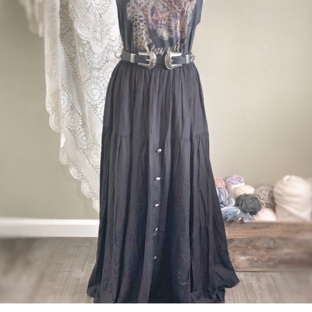 Vintage 90s Crazy Cowgirl Maxi Skirt M Black Tiered Western Y2K Grunge Cottage M